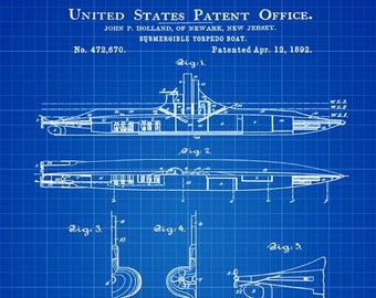 Submarine Patent By Holland 1892 Submarine Torpedo Boat,Navy Print,Blueprint,Home Decor,Office Art,Retro Art,Downloadable Print, Sailor Gift