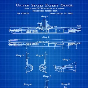 Submarine Patent By Holland 1892 Submarine Torpedo Boat,Navy Print,Blueprint,Home Decor,Office Art,Retro Art,Downloadable Print, Sailor Gift