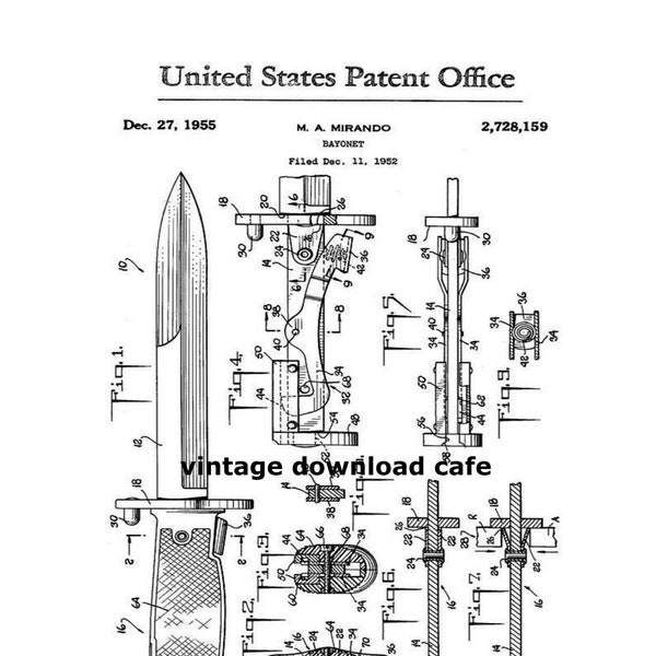 Bayonet Patent 1955 Patent Print,Wall Decor, Firearm Art,Military Patent, Gun Collector Gift, Man Cave Decor, Home Art,  Cabin Decor