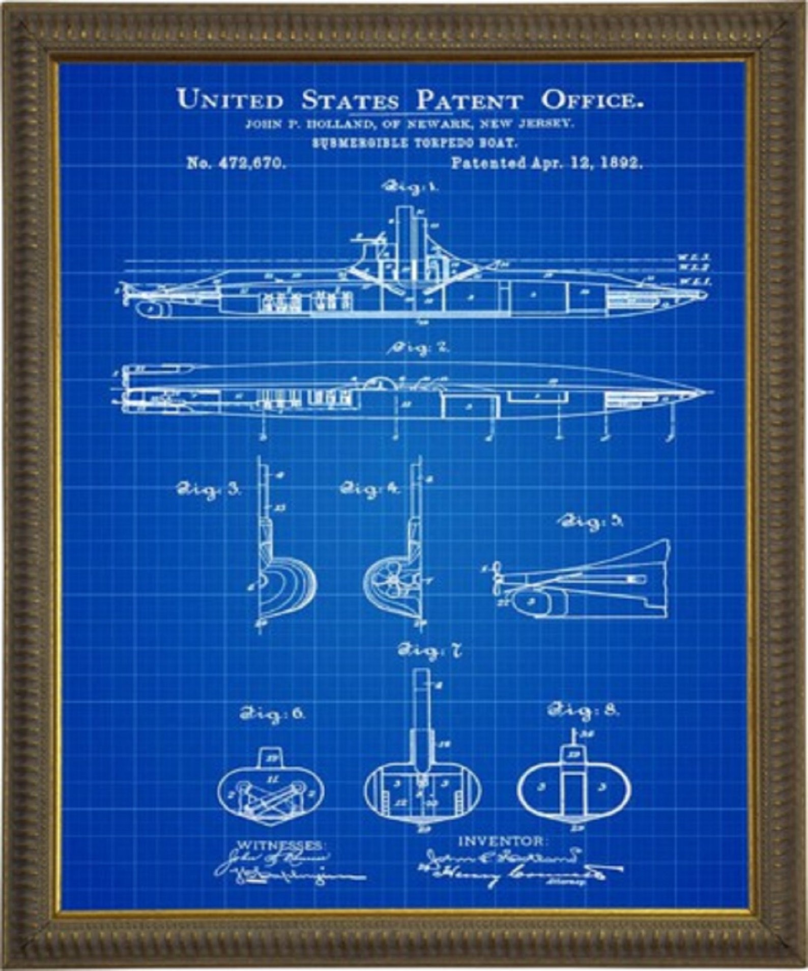Submarine Patent by Holland 1892 Submarine Torpedo Boat,navy Print ...