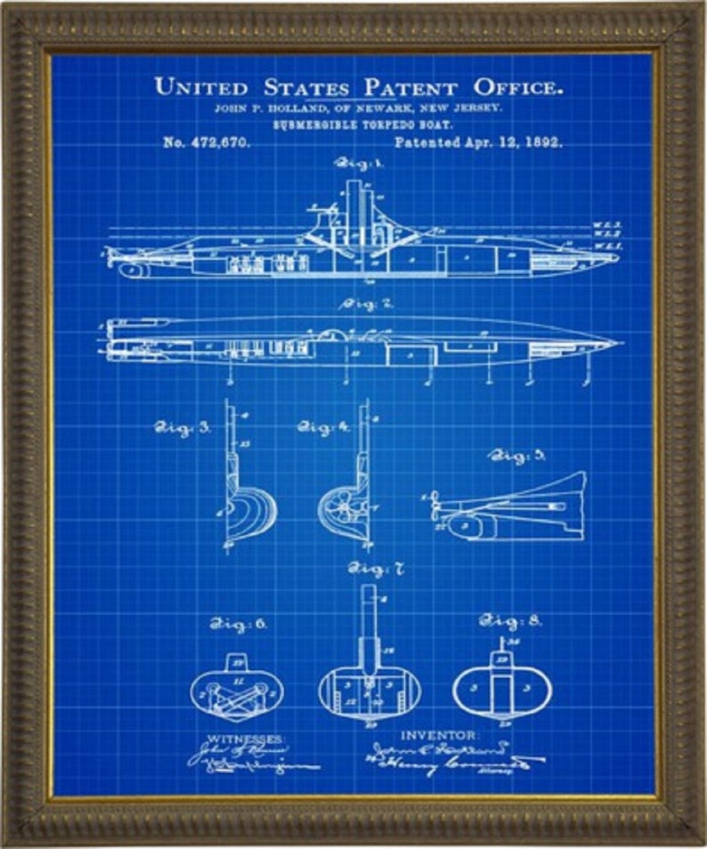 Submarine Patent by Holland 1892 Submarine Torpedo Boat,navy Print ...