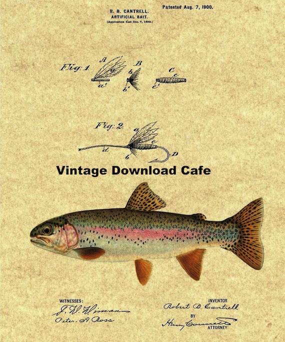 Vintage Trout Fly Fishing Patent Art Print Lures Office Lodge Cabin Wall Decor