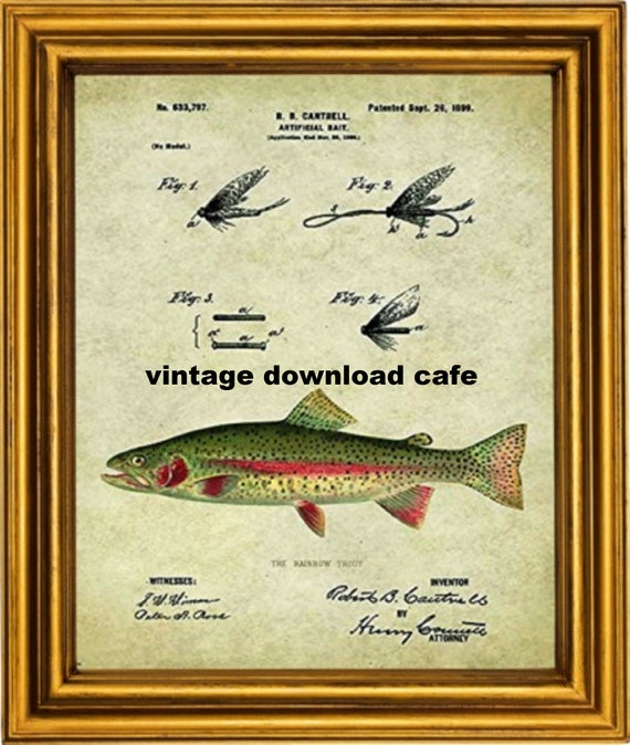 Fly Fishing Hook Lure Patent,1899 Fishing Lure, Rainbowtrout Photo,wall Art  Print,digital Print,gift for Fisherman,cabin Decor,home Decor 