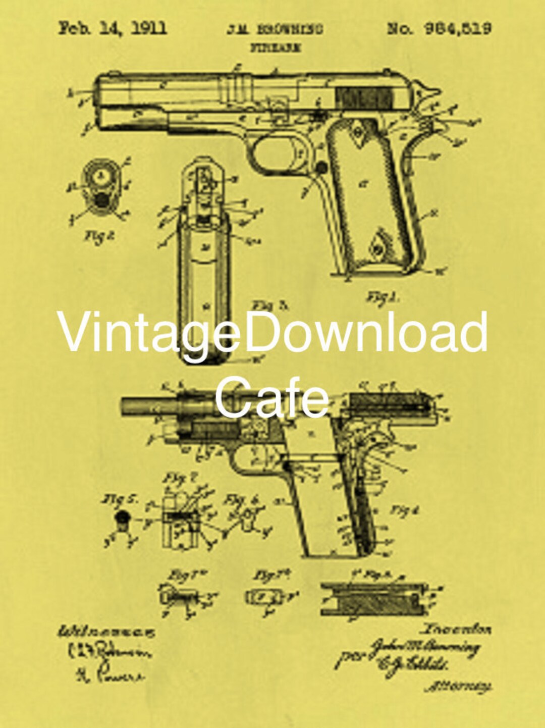 1911 Automatic Hand Gun Patent Art, Vintage Patent Print, Digital Print, Home Decor, Office ...