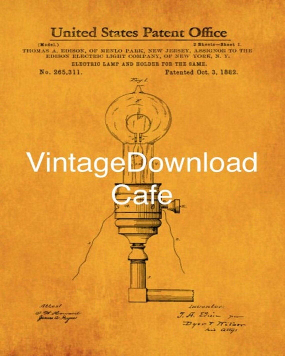 1882 Printable Patent for the Light Bulb, Vintage Art, Printable Art, Digital Print, Steampunk ...