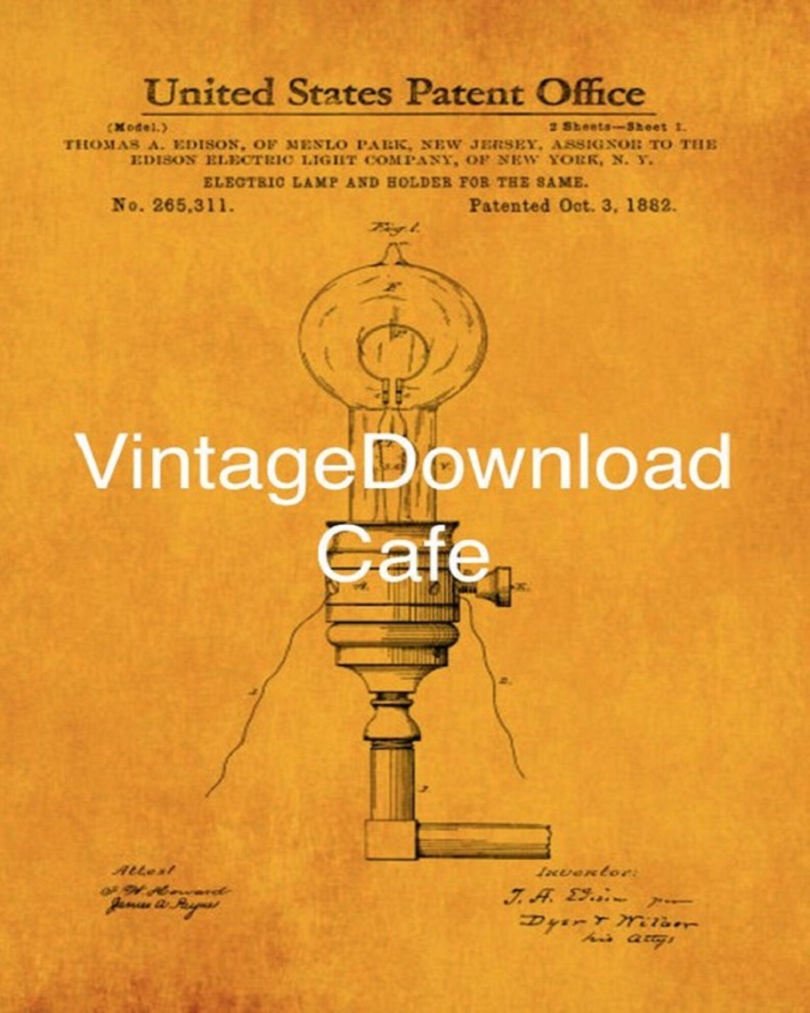 1882 Printable Patent for the Light Bulb, Vintage Art, Printable Art ...