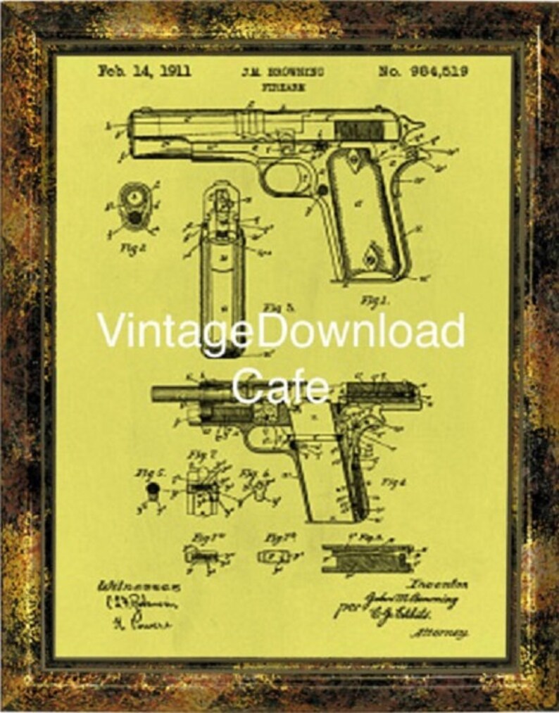 1911 Automatic Hand Gun Patent Art, Vintage Patent Print, Digital Print, Home Decor, Office ...