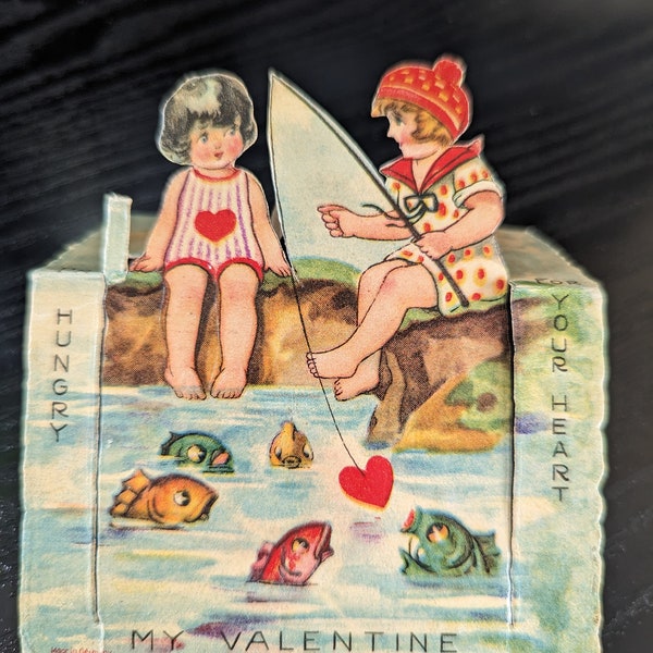1930s Vintage Antique Fishing Valentines Day Card