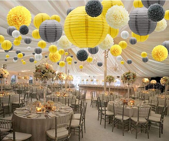 15pcs Hanging Party Decorations Set Yellow Gray White Paper Etsy