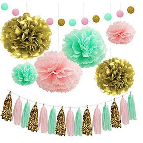 Since /® 18Pcs of 8 10 14 3 Colors Mixed Coral Peach Mint Tissue Paper Flowers,Tissue Paper Pom Poms Wedding Party Decor Pom Pom Flowers,Tissue Paper Flowers Kit,Pom Poms Craft,Pom Poms Decoration