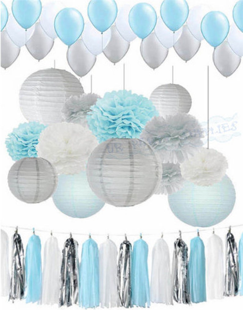 45pcs Boy Baby Shower Decoration Kit Grey Blue Whitetissue Paper Pom Poms Flowers Papers Lanterns Tassels Garland And Latex Balloons