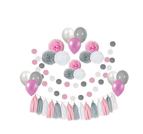 44pcs Baby Shower Decor Pink Gray White Paper Pom Poms Etsy