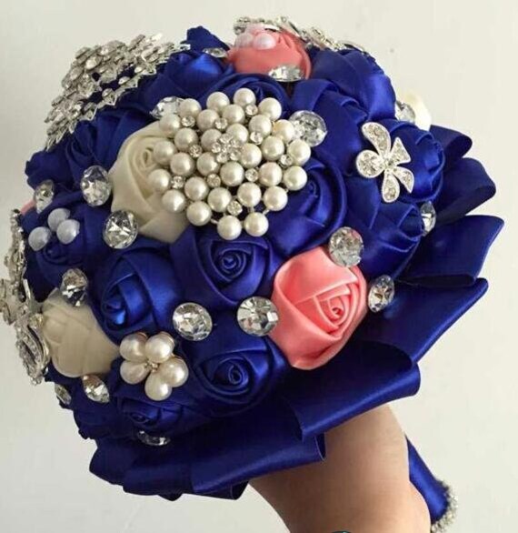 Corail Et Bleu Royal Bouquet De Mariée Avec Perles Strass
