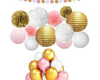 73 Pcs Pink and Gold Tissue Paper Flowers Pom Poms Lanterns and Latex Party Balloons for Baby Shower Party Decoration
