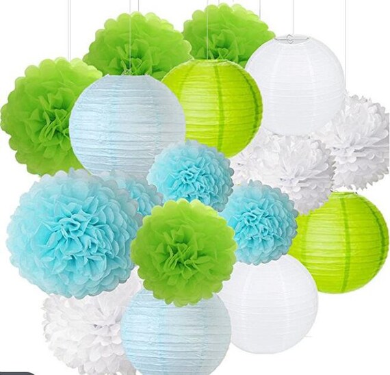 green and blue paper lanterns
