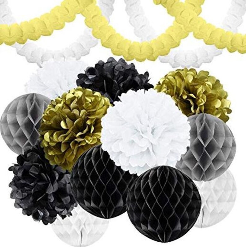 14 pcs Black and Gold Paper Pom Poms FlowersPaper Garland Etsy