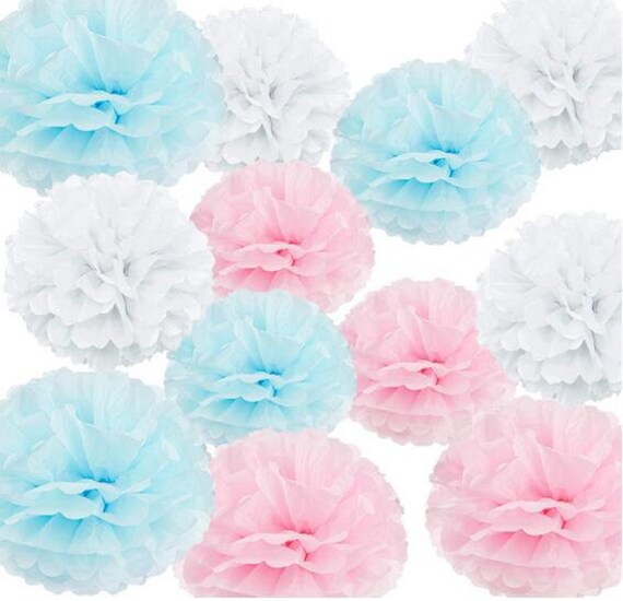 12pc 10 8 Baby Pink Blue White Tissue Paper Pom Poms Flower Etsy