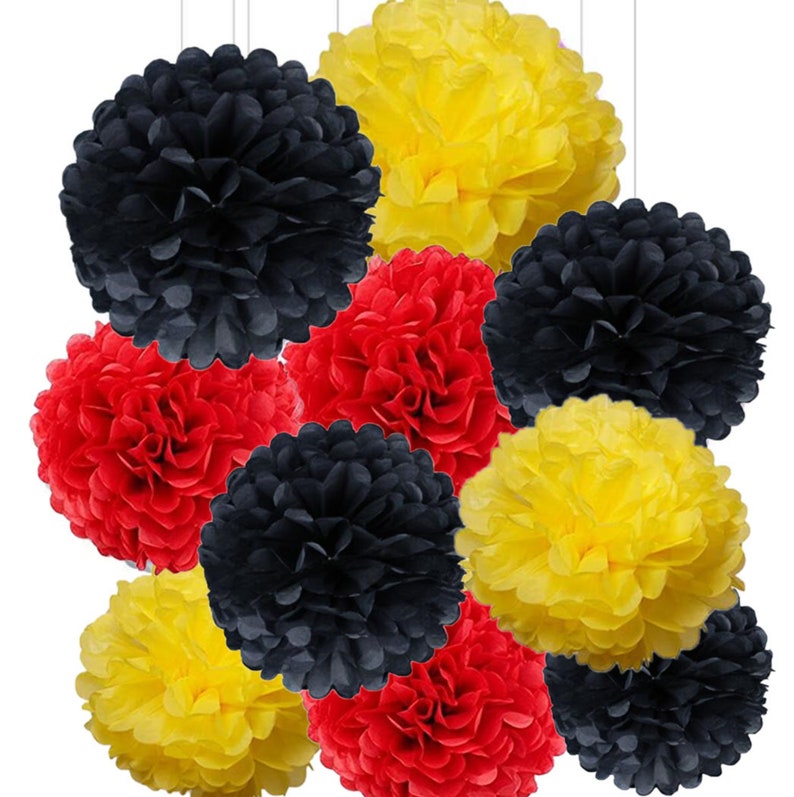 10pcs 10inch Red Yellow Black Party Decor Tissue Paper Flower Pom Poms For Mickey Mouse Birthday Party Supplies Baby Shower Wedding Decor