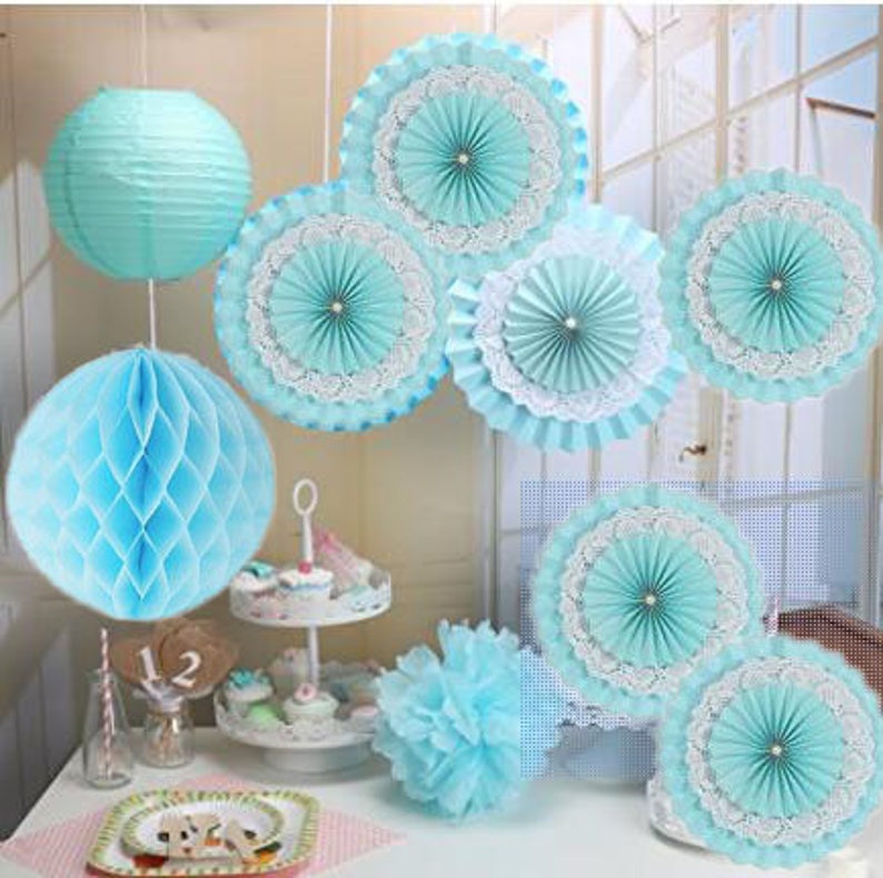 Baby Showers Birthday Anniversary Party Decoration 9pcsset Blue Paper Fan,Tissue Paper Pom Poms Paper Lanterns,Paper honeycomb balls
