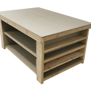 May include: A wooden workbench with a light brown top and four shelves. The workbench is made of unfinished wood and has a simple design.