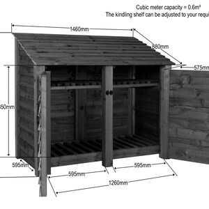 May include: A wooden log storage shed with a double door and a shelf. The shed is 59.5 inches wide, 49.6 inches tall, and 50 inches deep. The shed has a capacity of 0.6 cubic meters.