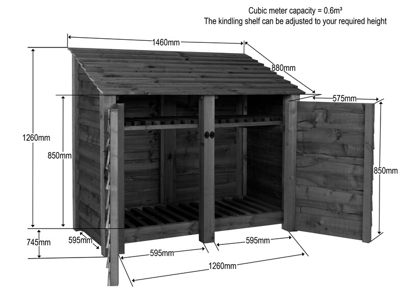 May include: A wooden log storage shed with a double door and a shelf. The shed is 59.5 inches wide, 49.6 inches tall, and 50 inches deep. The shed has a capacity of 0.6 cubic meters.