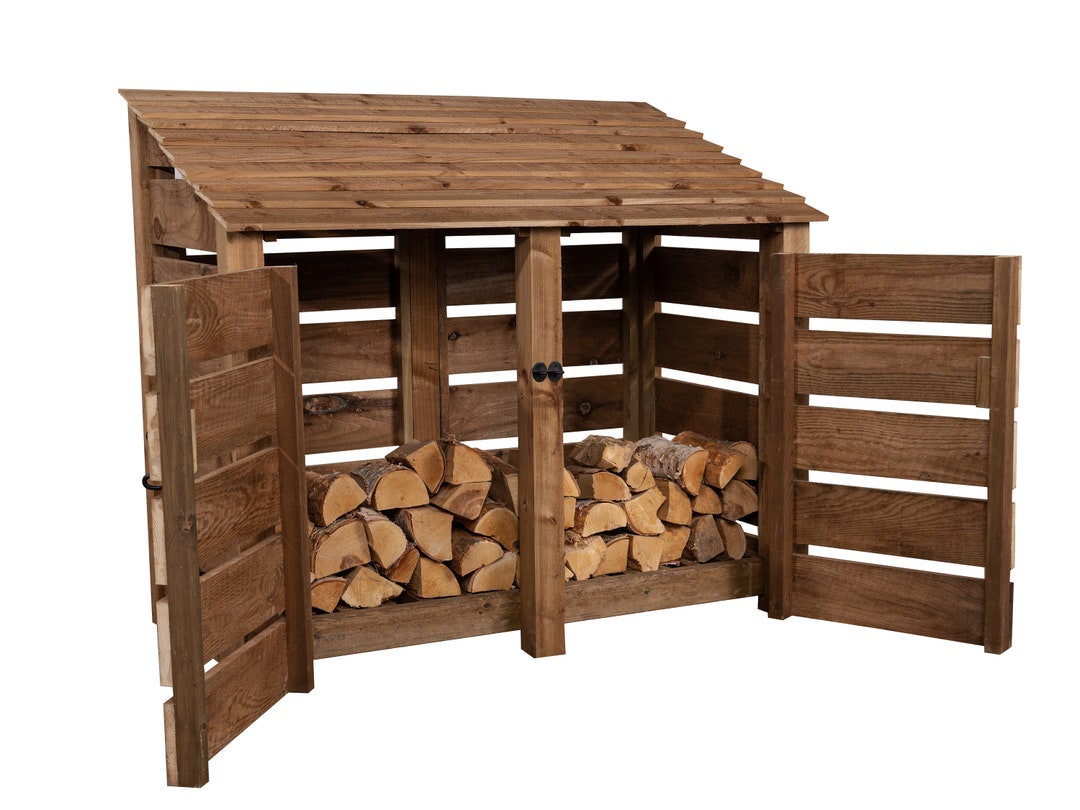 Wooden Log Store With Doors, 4ft Slatted Firewood Storage Double Bay w