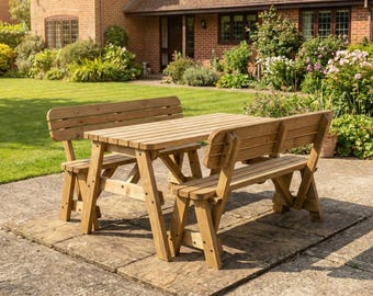 Wooden Picnic Table and Bench Set with Back-Rest, Victoria Compact Rounded 1-8 Seater