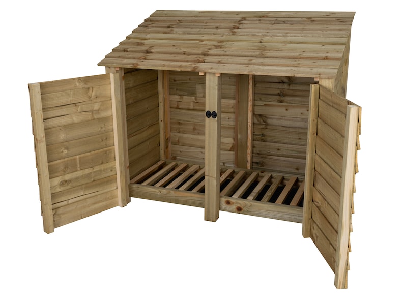 May include: A wooden log storage shed with a slanted roof and two hinged doors. The shed has a slatted floor and is open to reveal the interior.