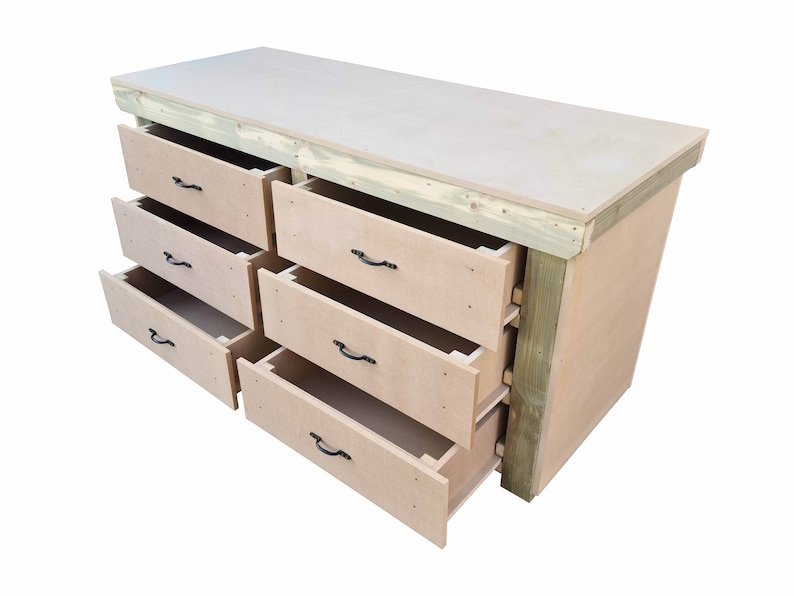 May include: A wooden workbench with a light brown top and six drawers. The drawers are open and reveal a light brown interior. The workbench is made of wood and has a rustic look.