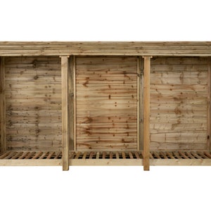 May include: A wooden log store with three compartments. The store has a slatted roof and a slatted floor.