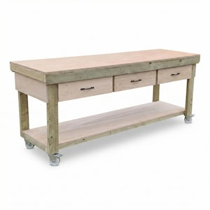 Heavy Duty Wooden Workbench with Eucalyptus Hardwood Top, Industrial Work Table with Drawers and Storage, Solid Wood Garage & Studio Bench