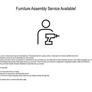 May include: Black and white illustration of a person assembling furniture with a power drill. The text "Furniture Assembly Service Available!" is at the top of the image. The text below the illustration explains how to order furniture assembly service.