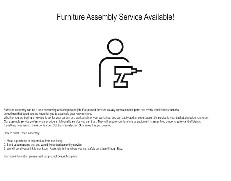 May include: Black and white illustration of a person assembling furniture with a power drill. The text "Furniture Assembly Service Available!" is at the top of the image. The text below the illustration explains how to order furniture assembly service.