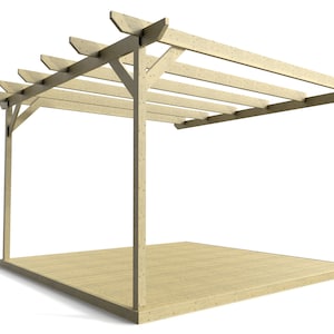 May include: A wooden pergola with a slatted roof and a wooden deck. The pergola is made of natural wood and has a rustic look.