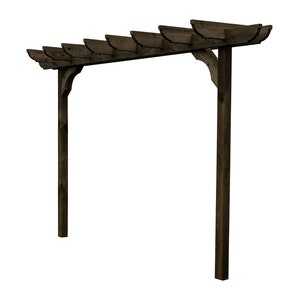 May include: A dark brown wooden pergola with a slatted top and two vertical posts. The pergola is made of natural wood and has a rustic look.