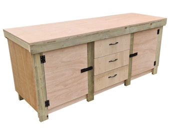 Workbench Wooden 18mm Eucalyptus Hardwood Top - With Drawers and Double Lockable Cupboard