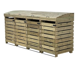 Può includere: Un'unità di stoccaggio per bidoni in legno con tre scomparti, ognuno con una porta a battente e un coperchio. L'unità è realizzata in legno naturale con una finitura marrone chiaro.