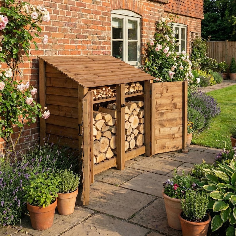 Wooden Log Store With Doors | 146cm Outdoor Firewood Storage Shed | Heavy Duty Timber Wood Shelter | 4.8ft Wide Garden Log Holder image 9