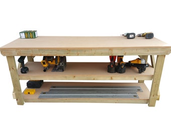 Wooden Workbench 18mm MDF Top, Double Shelf