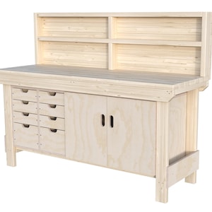 May include: A light-coloured wooden workbench with a built-in hutch. The workbench features multiple drawers, cabinet doors, and shelves. The unit is constructed from unfinished wood, showcasing its natural grain.