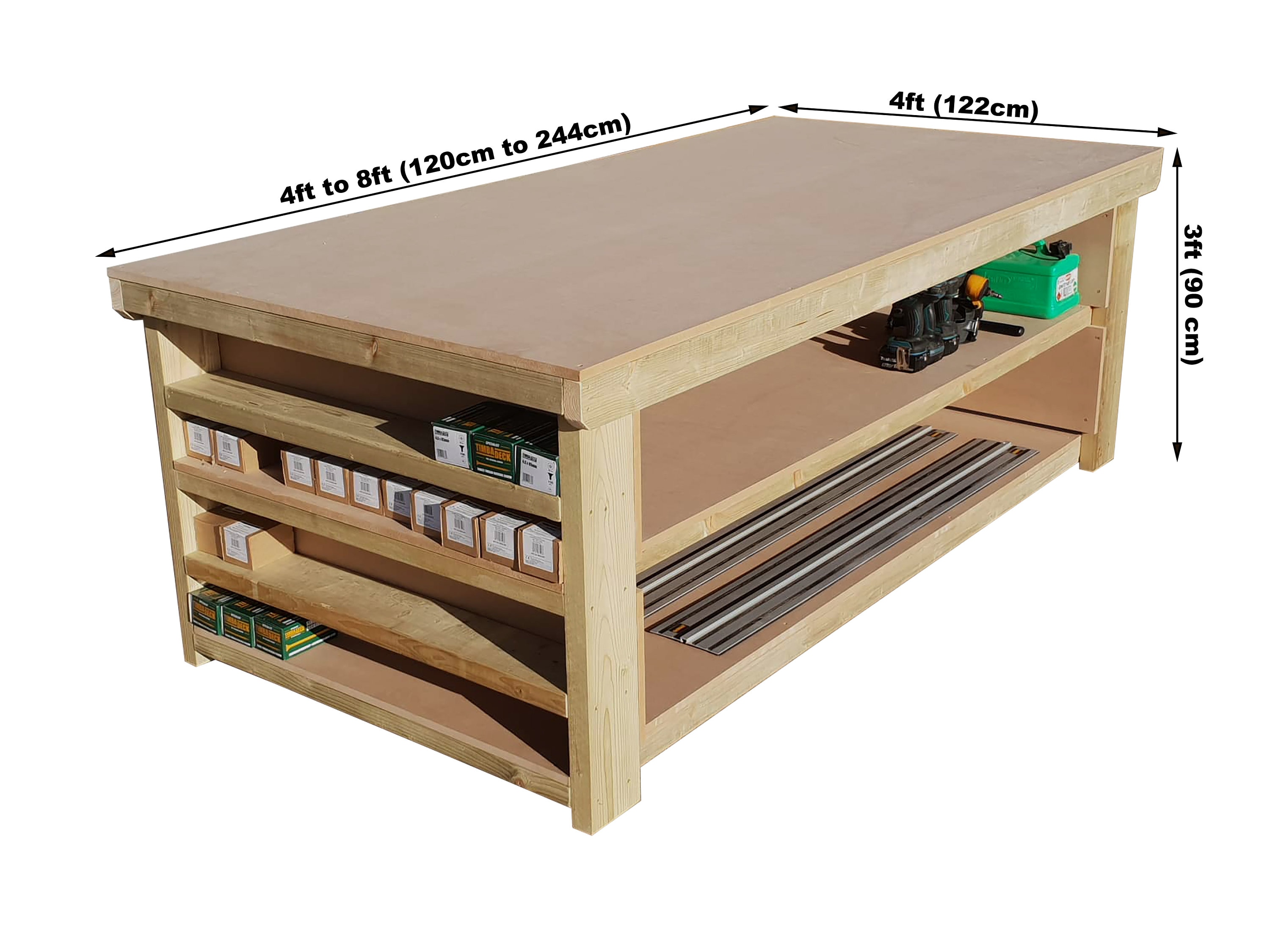 Wooden MDF Top Workbench With Extra Shelving 4ft to 8ft in - Etsy UK