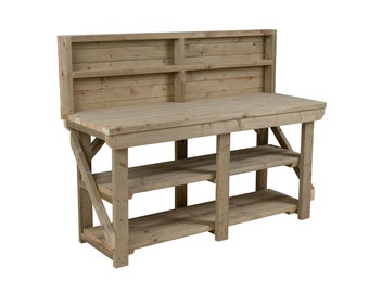 Wooden Indoor/Outdoor Workbench With Back Panel And Double Shelf