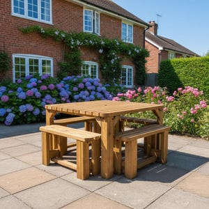 Quadrum Rounded Picnic Table with 4 Benches | Solid Wood 8-Seater Garden Dining Set | Heavy Duty Timber Outdoor Furniture
