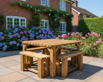 Quadrum Rounded Picnic Table with 4 Benches | Solid Wood 8-Seater Garden Dining Set | Heavy Duty Timber Outdoor Furniture