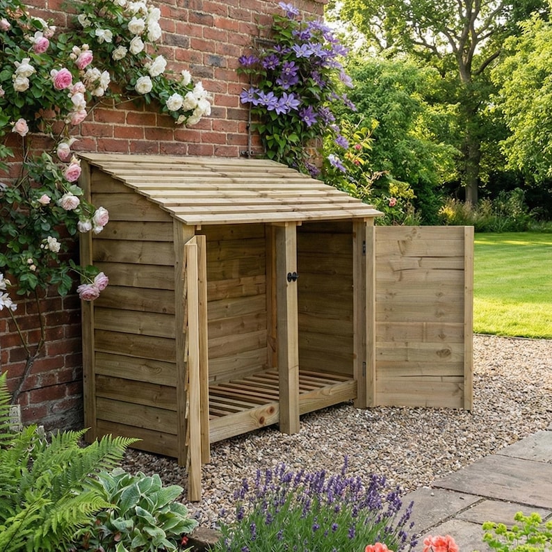 Wooden Log Store With Doors | 146cm Outdoor Firewood Storage Shed | Heavy Duty Timber Wood Shelter | 4.8ft Wide Garden Log Holder image 5