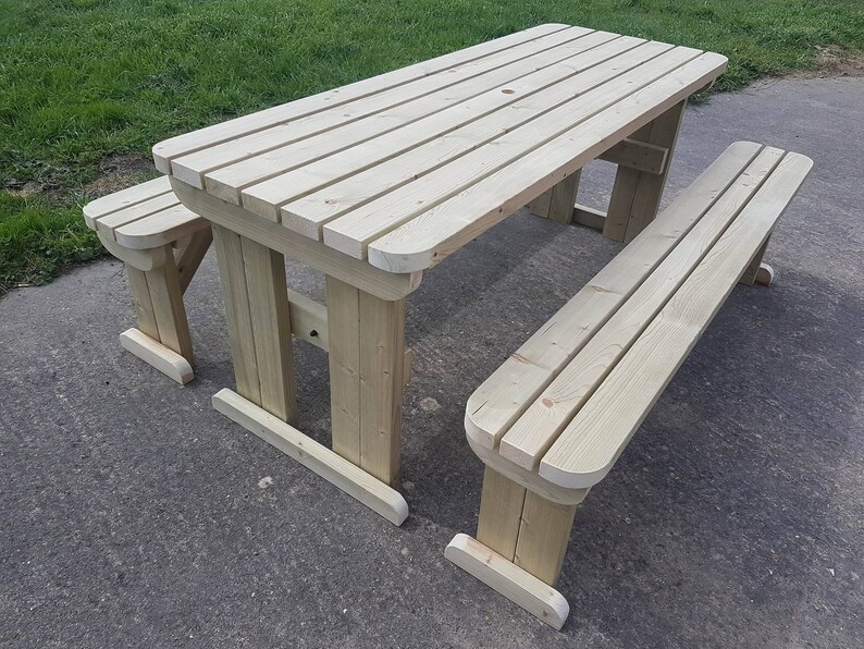 Wooden Picnic Table and Bench Set Aspen Rounded Etsy