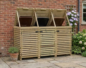 BinHaven Slatted Wheelie Bin Storage – Timber Garden Trash Enclosure – Handmade in UK