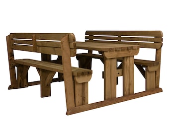 Wooden Picnic Table And Bench Set With Back Rest, Alders Rounded