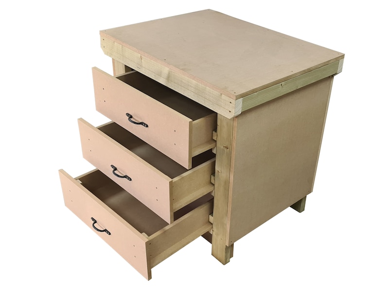 May include: A wooden workbench with three drawers. The drawers are open and the workbench is made of natural wood.